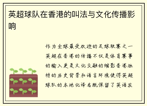 英超球队在香港的叫法与文化传播影响
