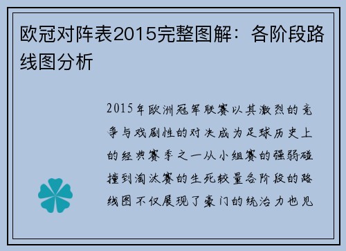 欧冠对阵表2015完整图解：各阶段路线图分析